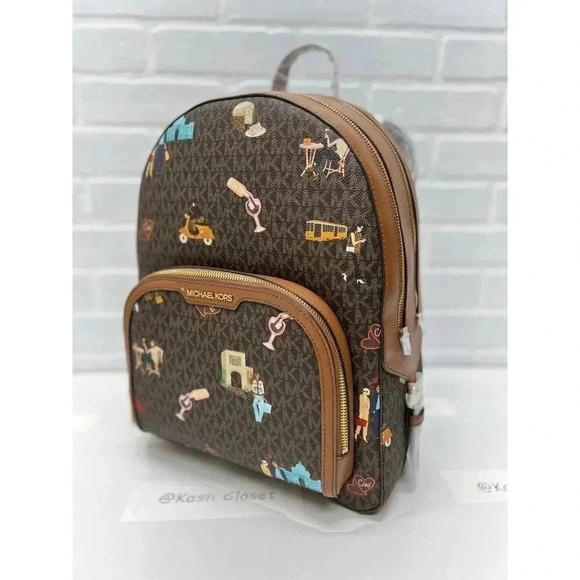 MICHAEL KORS JET SET GIRLS LARGE ZIP JAYCEE BACKPACK - BROWN MULTI - Picture 3 of 11